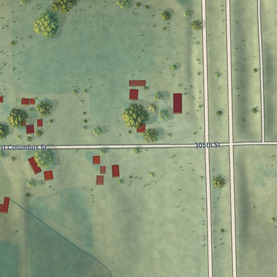 Second close-up of the map of Crawfordsville, Iowa print showing more streets and buildings