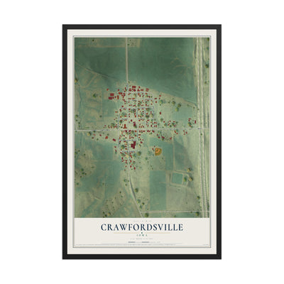 Map of Crawfordsville, Iowa, 12 x 18 inch print in a black wood frame