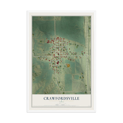 Map of Crawfordsville, Iowa, 12 x 18 inch print in a white wood frame