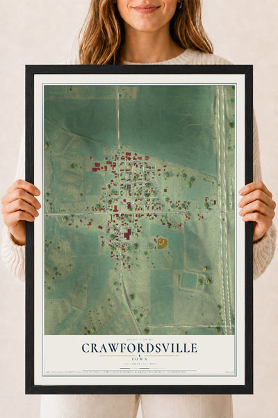 Map of Crawfordsville, Iowa, 18 x 24 inch print in a black wood frame