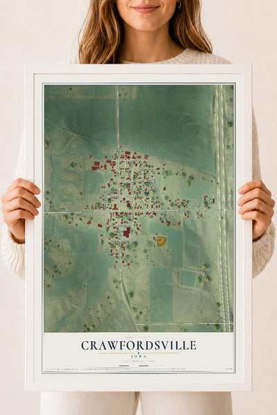 Map of Crawfordsville, Iowa, 18 x 24 inch print in a white wood frame
