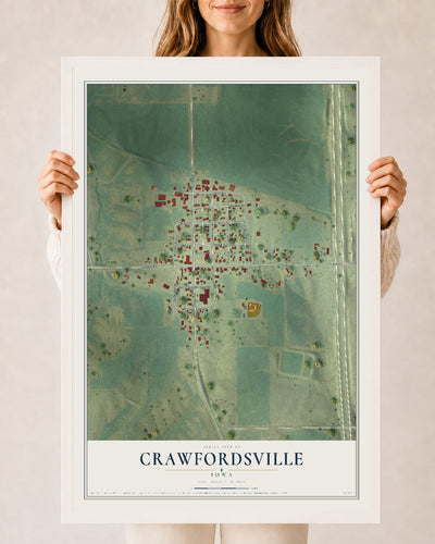 Map of Crawfordsville, Iowa, 24 x 36 inch print in a white wood frame