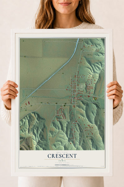 Map of Crescent, Iowa, 18 x 24 inch print in a white wood frame