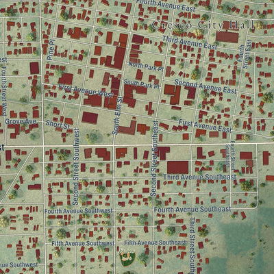 Close-up of the map of Cresco, Iowa print showing street and building detail