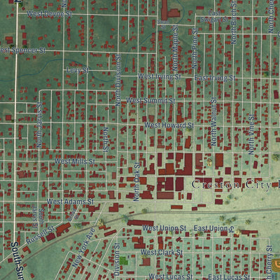 Close-up of the map of Creston, Iowa print showing street and building detail