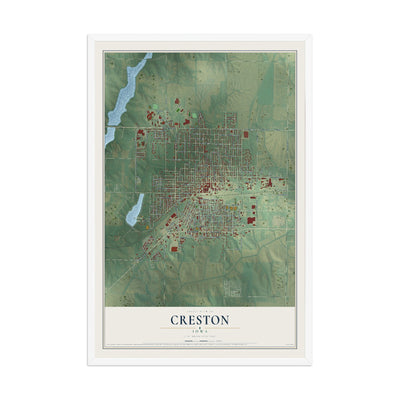 Map of Creston, Iowa, 12 x 18 inch print in a white wood frame