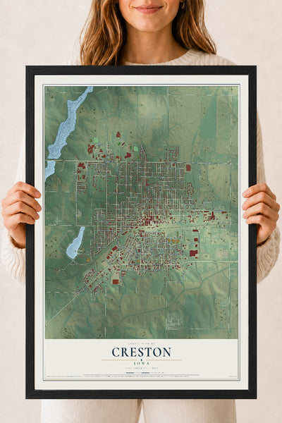 Map of Creston, Iowa, 18 x 24 inch print in a black wood frame