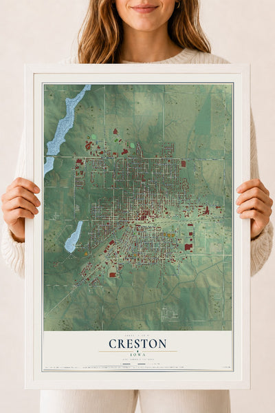 Map of Creston, Iowa, 18 x 24 inch print in a white wood frame