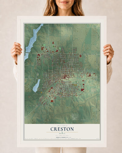 Map of Creston, Iowa, 24 x 36 inch print in a white wood frame