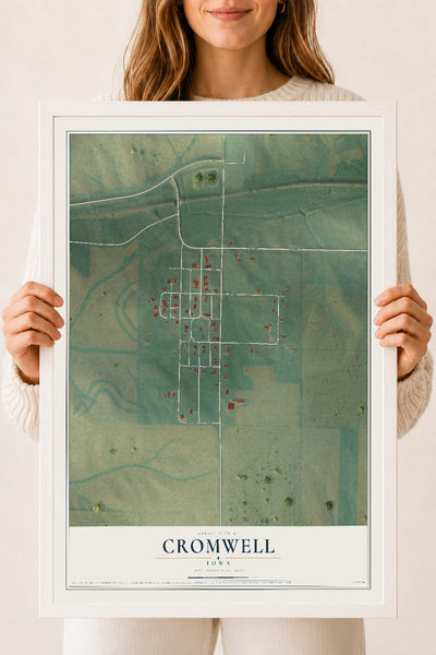 Map of Cromwell, Iowa, 18 x 24 inch print in a white wood frame
