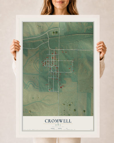 Map of Cromwell, Iowa, 24 x 36 inch print in a white wood frame