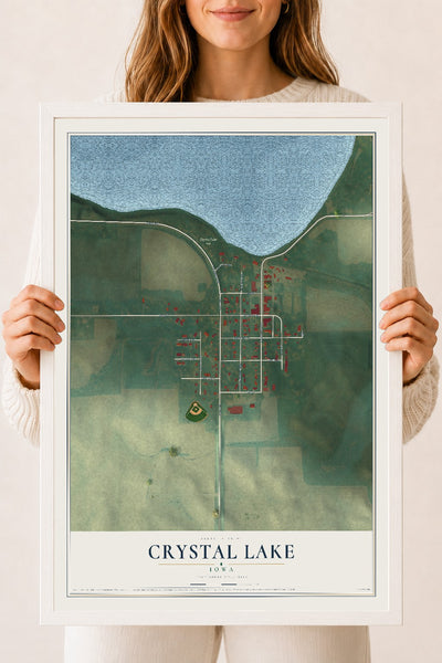 Map of Crystal Lake, Iowa, 18 x 24 inch print in a white wood frame