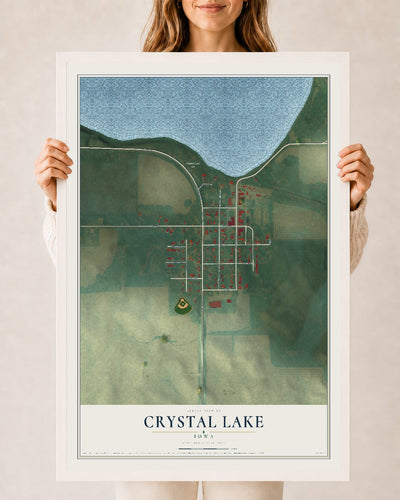 Map of Crystal Lake, Iowa, 24 x 36 inch print in a white wood frame
