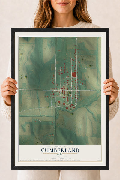 Map of Cumberland, Iowa, 18 x 24 inch print in a black wood frame