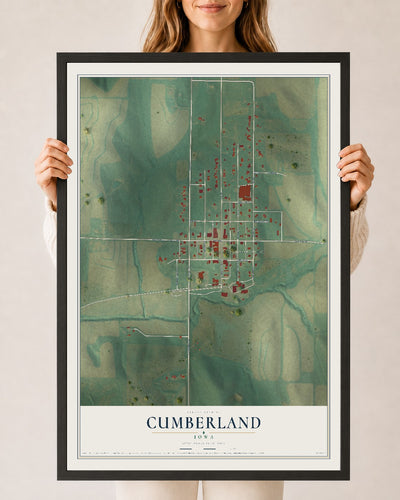 Map of Cumberland, Iowa, 24 x 36 inch print in a black wood frame