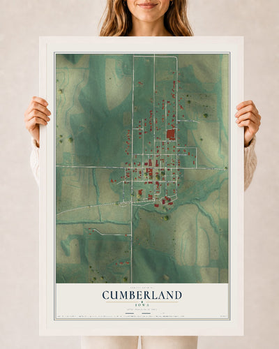 Map of Cumberland, Iowa, 24 x 36 inch print in a white wood frame