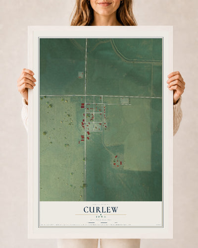 Map of Curlew, Iowa, 24 x 36 inch print in a white wood frame