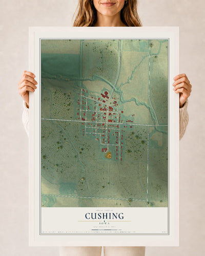 Map of Cushing, Iowa, 24 x 36 inch print in a white wood frame