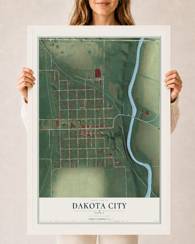 Map of Dakota City, Iowa, 24 x 36 inch print in a white wood frame