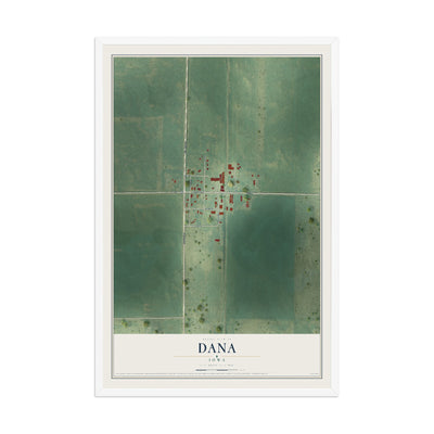 Map of Dana, Iowa, 12 x 18 inch print in a white wood frame