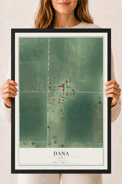 Map of Dana, Iowa, 18 x 24 inch print in a black wood frame