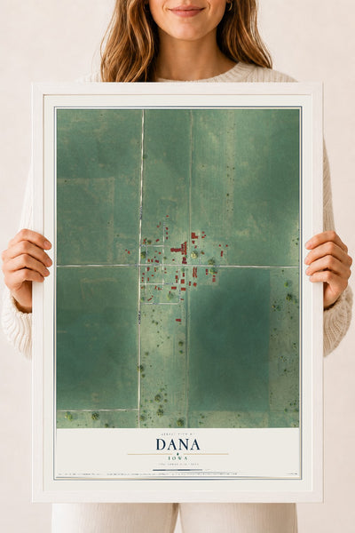 Map of Dana, Iowa, 18 x 24 inch print in a white wood frame