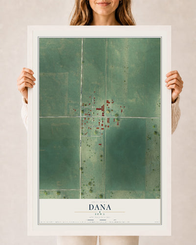 Map of Dana, Iowa, 24 x 36 inch print in a white wood frame