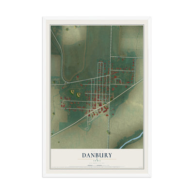 Map of Danbury, Iowa, 12 x 18 inch print in a white wood frame