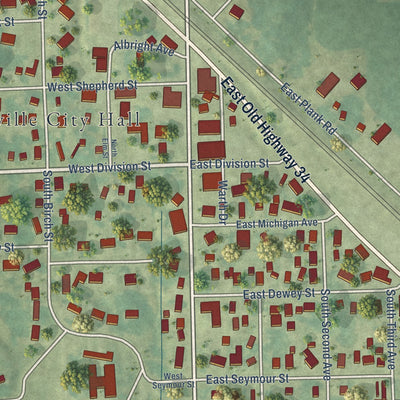 Close-up of the map of Danville, Iowa print showing street and building detail