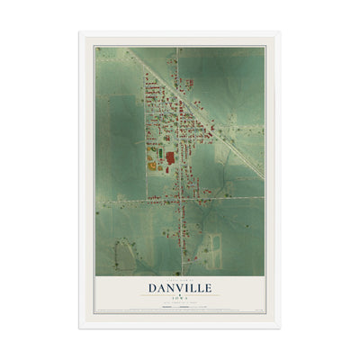Map of Danville, Iowa, 12 x 18 inch print in a white wood frame
