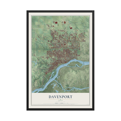 Map of Davenport, Iowa, 12 x 18 inch print in a black wood frame