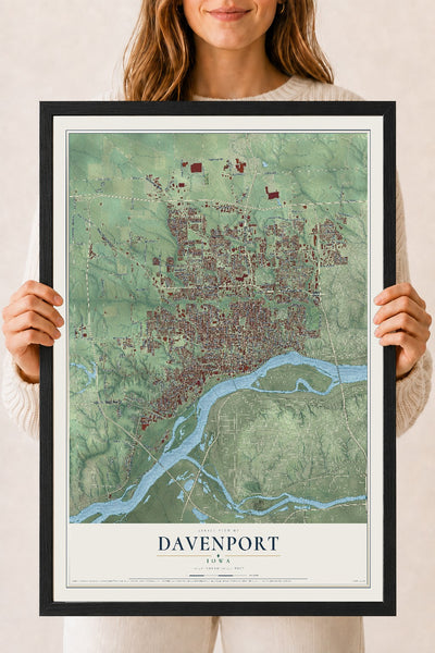 Map of Davenport, Iowa, 18 x 24 inch print in a black wood frame