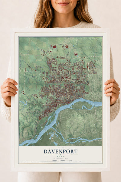 Map of Davenport, Iowa, 18 x 24 inch print in a white wood frame