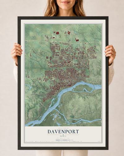 Map of Davenport, Iowa, 24 x 36 inch print in a black wood frame