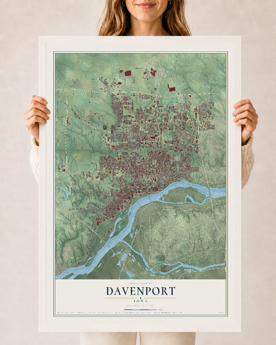 Map of Davenport, Iowa, 24 x 36 inch print in a white wood frame