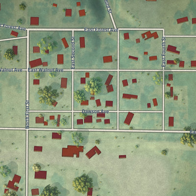 Close-up of the map of Dawson, Iowa print showing street and building detail