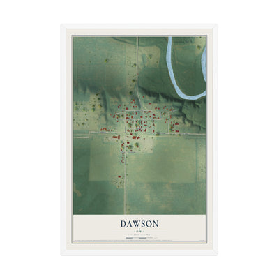 Map of Dawson, Iowa, 12 x 18 inch print in a white wood frame