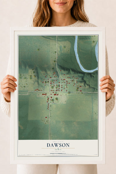 Map of Dawson, Iowa, 18 x 24 inch print in a white wood frame