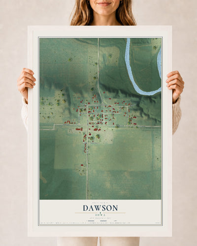 Map of Dawson, Iowa, 24 x 36 inch print in a white wood frame