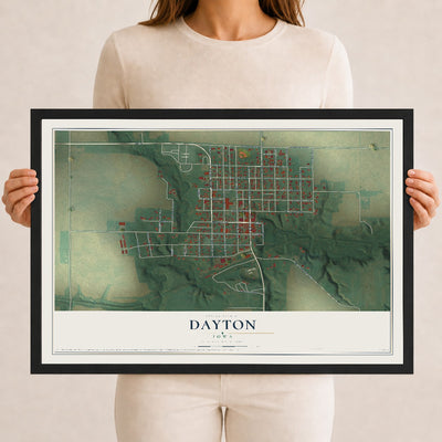 Map of Dayton, Iowa, 12 x 18 inch print in a black wood frame