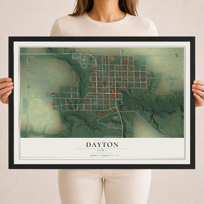 Map of Dayton, Iowa, 18 x 24 inch print in a black wood frame