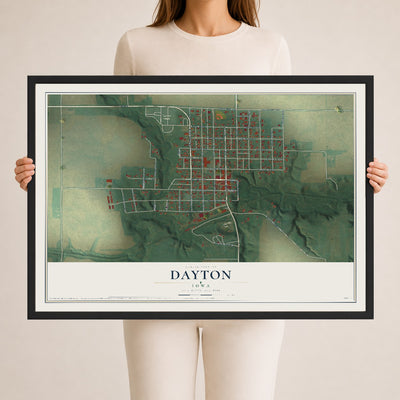 Map of Dayton, Iowa, 24 x 36 inch print in a black wood frame