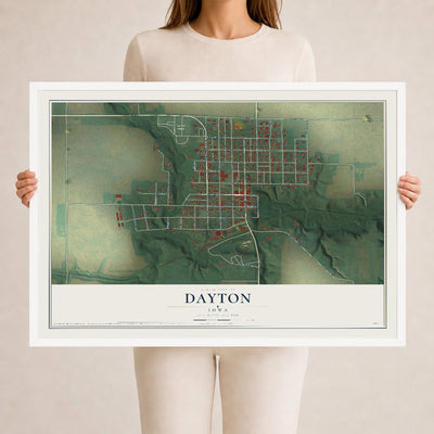 Map of Dayton, Iowa, 24 x 36 inch print in a white wood frame