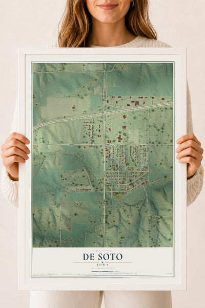 Map of De Soto, Iowa, 18 x 24 inch print in a white wood frame