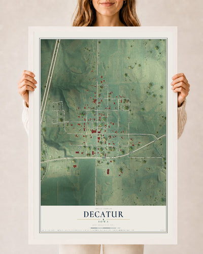 Map of Decatur, Iowa, 24 x 36 inch print in a white wood frame
