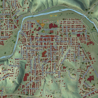 Close-up of the map of Decorah, Iowa print showing street and building detail