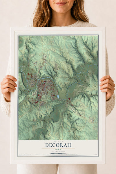 Map of Decorah, Iowa, 18 x 24 inch print in a white wood frame