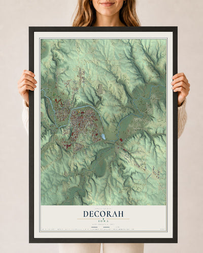 Map of Decorah, Iowa, 24 x 36 inch print in a black wood frame
