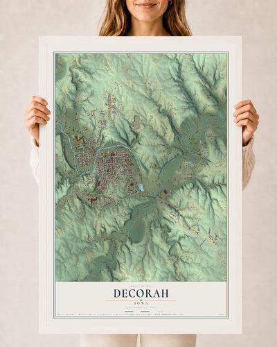 Map of Decorah, Iowa, 24 x 36 inch print in a white wood frame