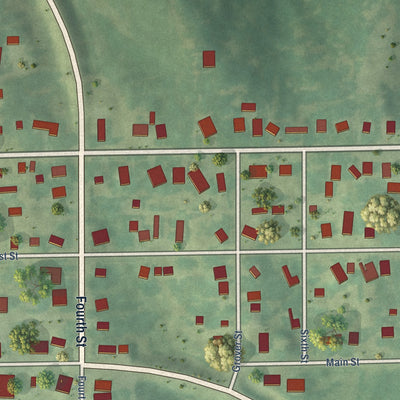 Close-up of the map of Deep River, Iowa print showing street and building detail